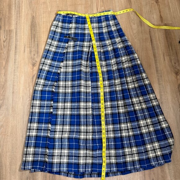 Vintage 100% Wool Blue Plaid Pleated Maxi Wrap Skirt Academia M - Picture 4 of 8
